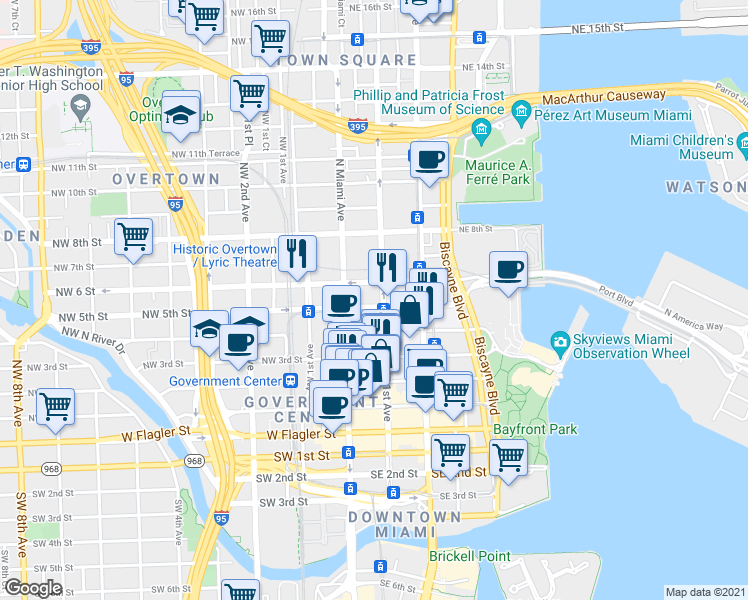 map of restaurants, bars, coffee shops, grocery stores, and more near 55 Northeast 5th Street in Miami