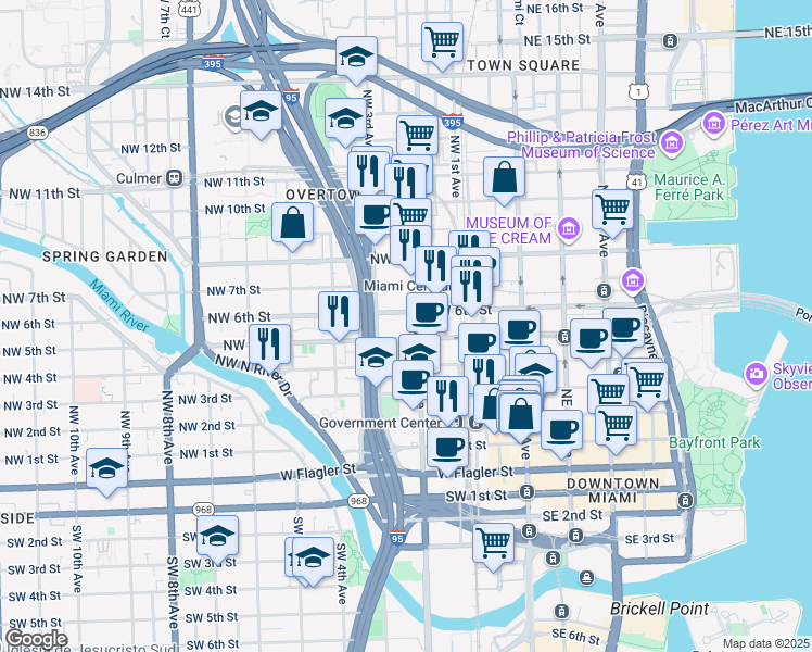 map of restaurants, bars, coffee shops, grocery stores, and more near 500 Northwest 2nd Avenue in Miami