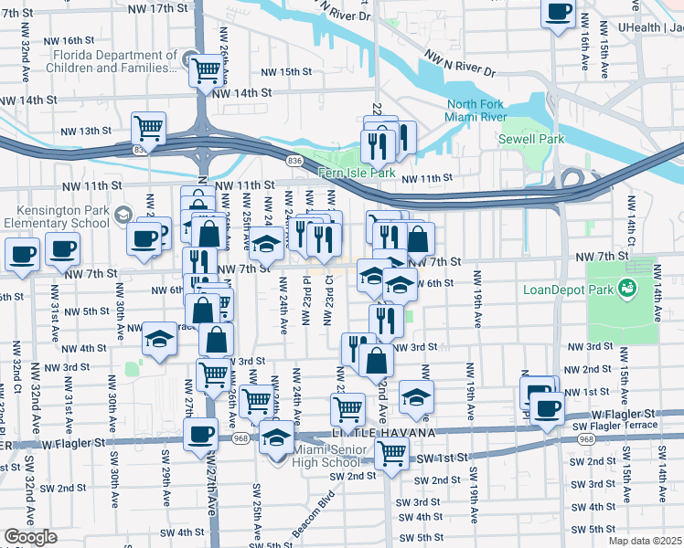 map of restaurants, bars, coffee shops, grocery stores, and more near 611 Northwest 23rd Court in Miami