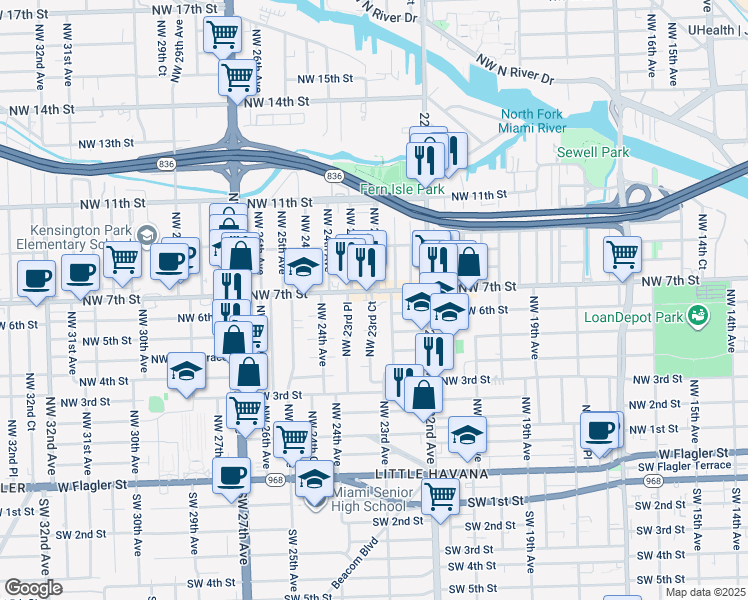 map of restaurants, bars, coffee shops, grocery stores, and more near 611 Northwest 23rd Court in Miami