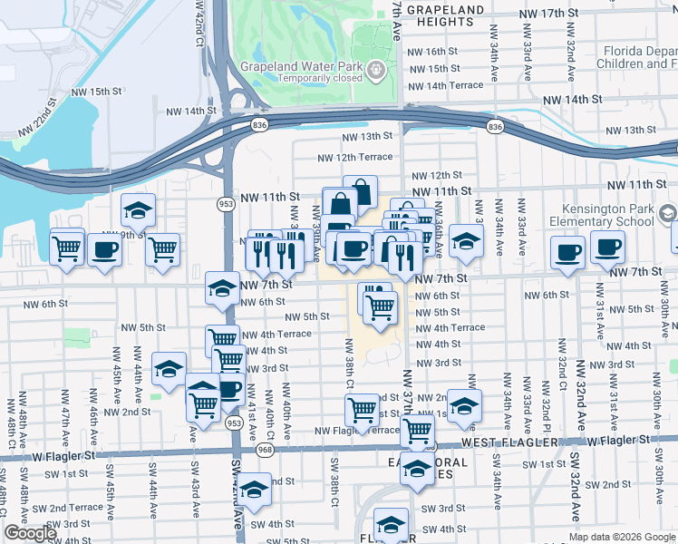map of restaurants, bars, coffee shops, grocery stores, and more near 3809 Northwest 7th Street in Miami