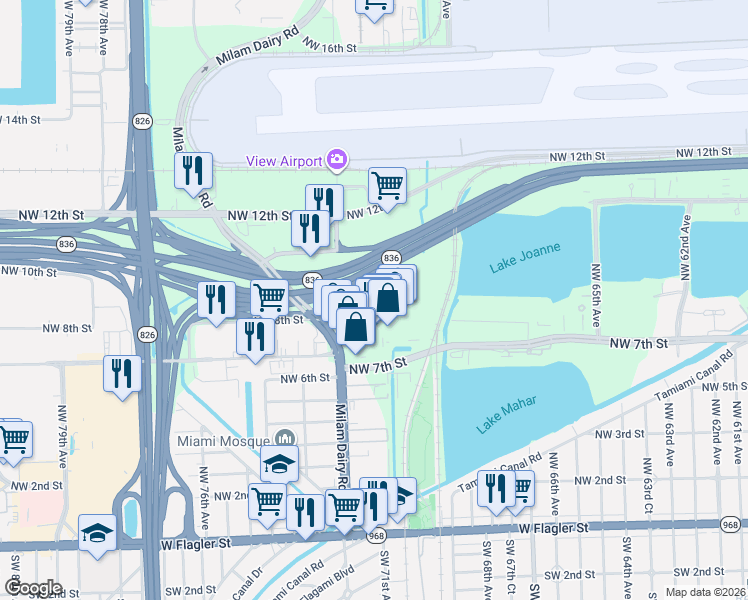 map of restaurants, bars, coffee shops, grocery stores, and more near 711 Northwest 72nd Avenue in Miami