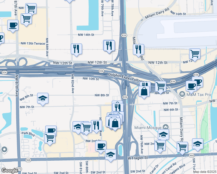 map of restaurants, bars, coffee shops, grocery stores, and more near 960 Northwest 78th Avenue in Miami