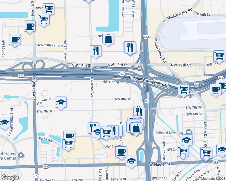 map of restaurants, bars, coffee shops, grocery stores, and more near 8027 Northwest 8th Street in Miami
