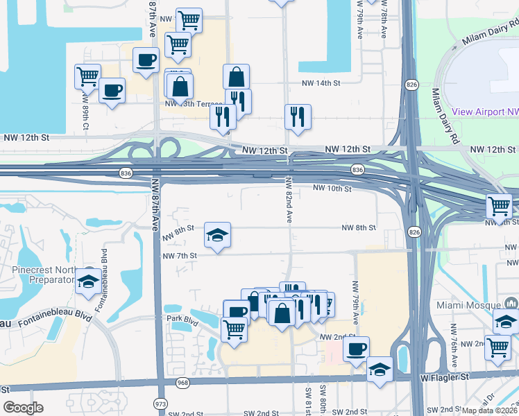 map of restaurants, bars, coffee shops, grocery stores, and more near 8340 Northwest 10th Street in Miami