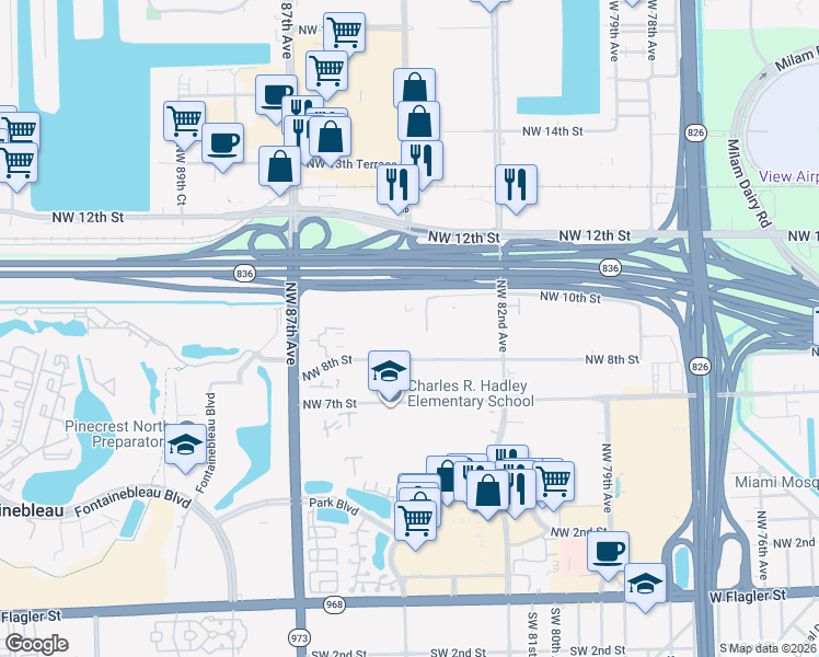 map of restaurants, bars, coffee shops, grocery stores, and more near 8425 Northwest 8th Street in Miami