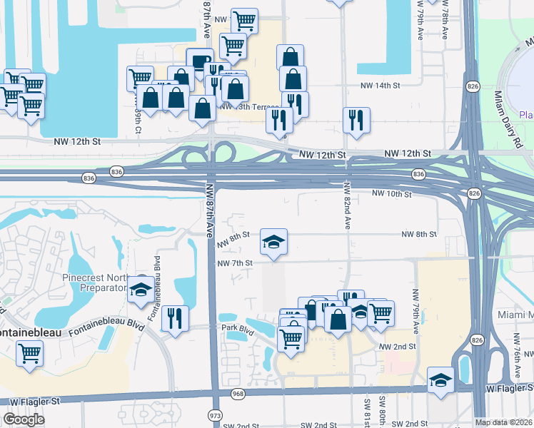 map of restaurants, bars, coffee shops, grocery stores, and more near 8501 Northwest 8th Street in Miami