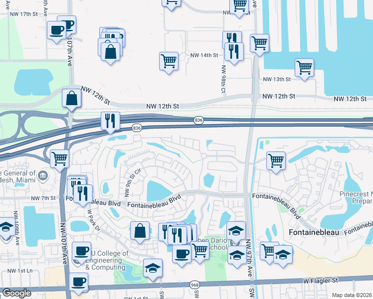 map of restaurants, bars, coffee shops, grocery stores, and more near 9974 Northwest 10th Street in Miami