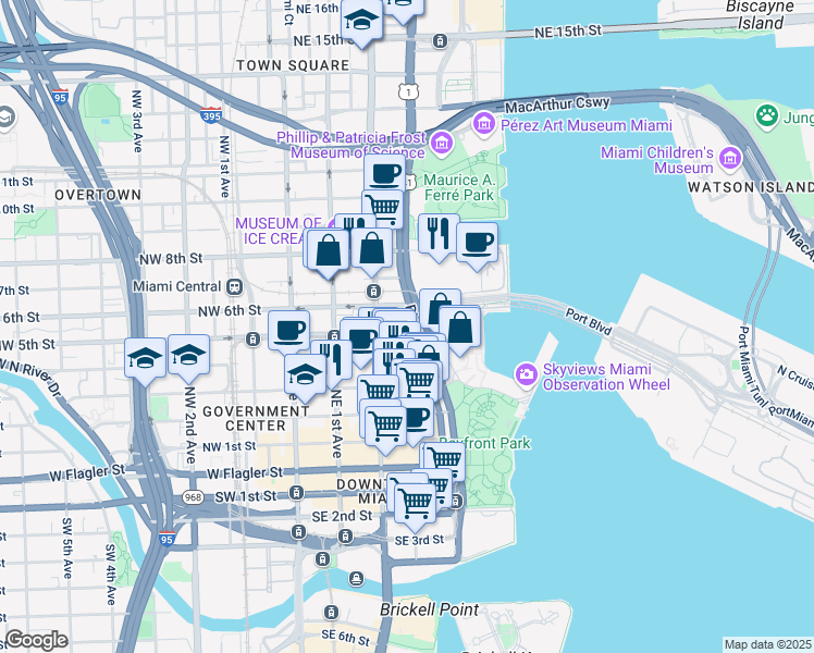 map of restaurants, bars, coffee shops, grocery stores, and more near 500 Biscayne Boulevard in Miami