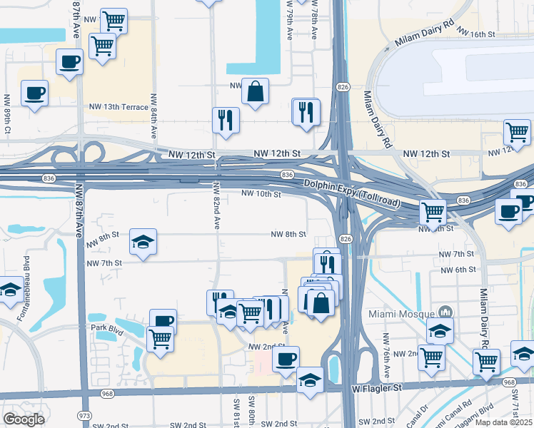 map of restaurants, bars, coffee shops, grocery stores, and more near 8027 Northwest 8th Street in Miami