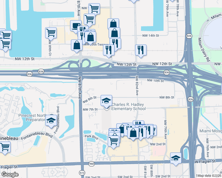 map of restaurants, bars, coffee shops, grocery stores, and more near 8425 Northwest 8th Street in Miami
