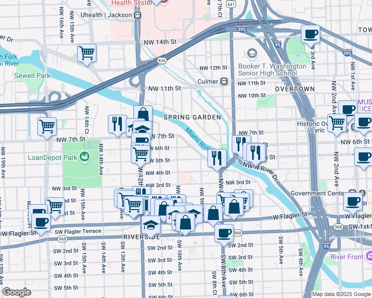 map of restaurants, bars, coffee shops, grocery stores, and more near 970 Northwest 6 Street in Miami