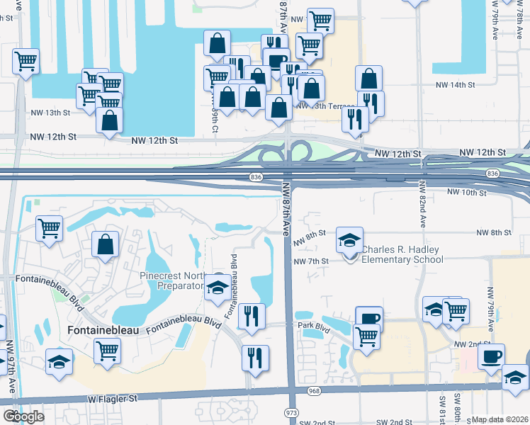 map of restaurants, bars, coffee shops, grocery stores, and more near 820 Northwest 87th Avenue in Miami