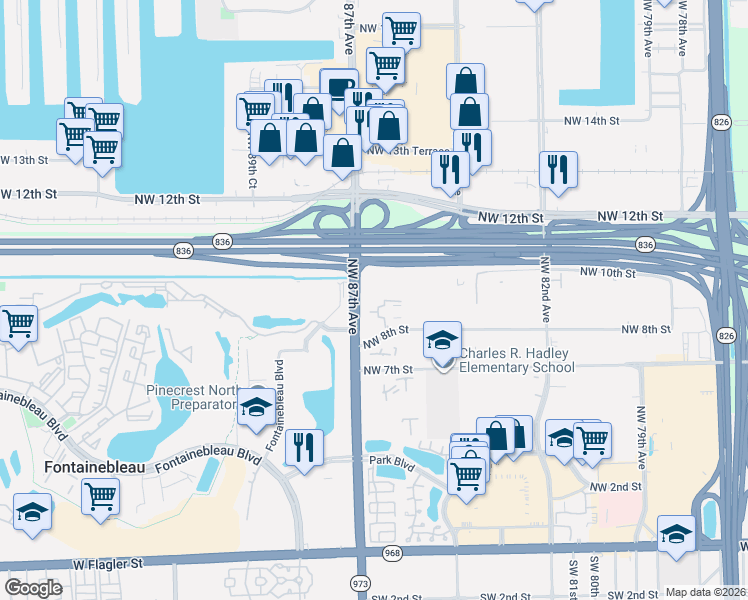map of restaurants, bars, coffee shops, grocery stores, and more near 160 SW 115th Ave in Miami