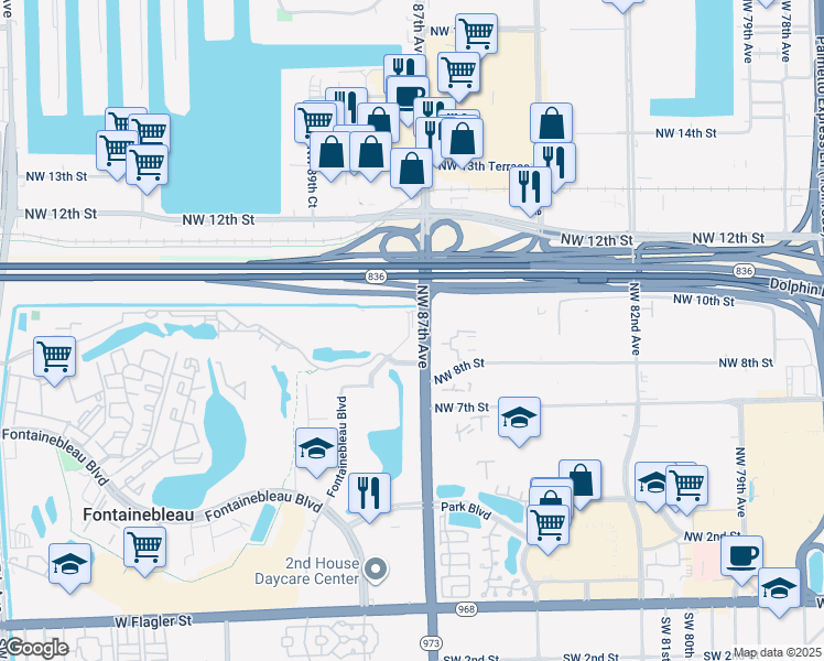 map of restaurants, bars, coffee shops, grocery stores, and more near 854 Northwest 87th Avenue in Doral