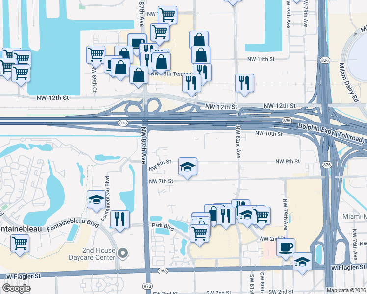 map of restaurants, bars, coffee shops, grocery stores, and more near 8501 Northwest 8th Street in Miami