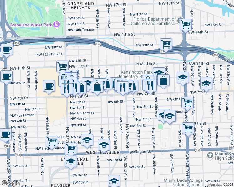 map of restaurants, bars, coffee shops, grocery stores, and more near 3240 Northwest 7th Street in Miami