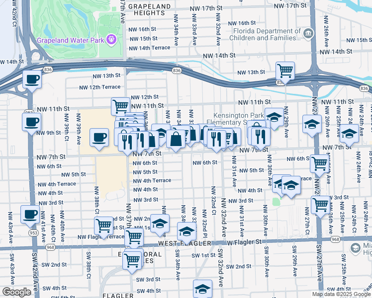 map of restaurants, bars, coffee shops, grocery stores, and more near 3299 Northwest 7th Street in Miami