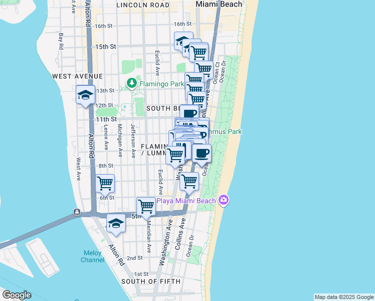map of restaurants, bars, coffee shops, grocery stores, and more near 820 Jimmy Buffett Memorial Highway in Miami Beach