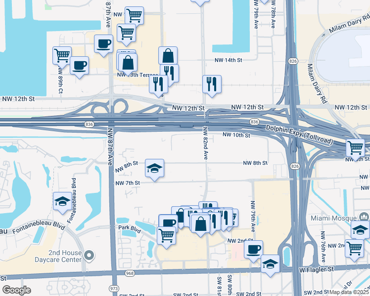 map of restaurants, bars, coffee shops, grocery stores, and more near 8340 Northwest 10th Street in Miami