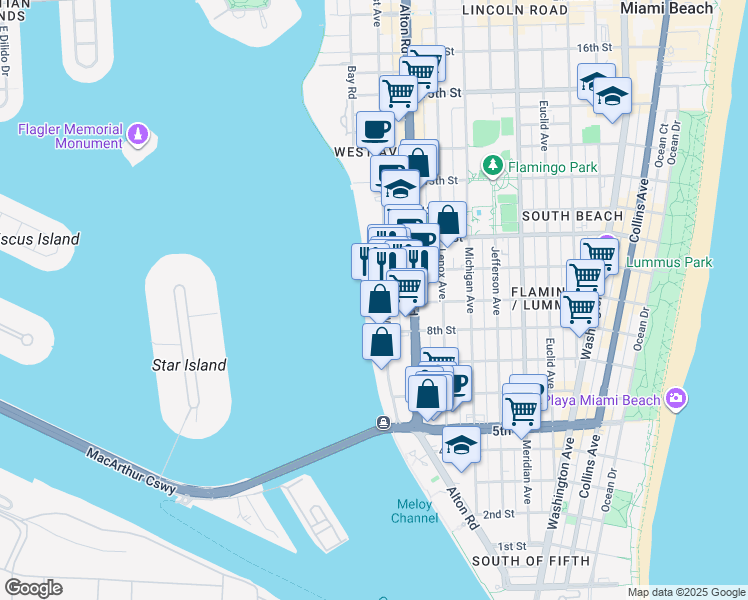 map of restaurants, bars, coffee shops, grocery stores, and more near 899 West Avenue in Miami Beach