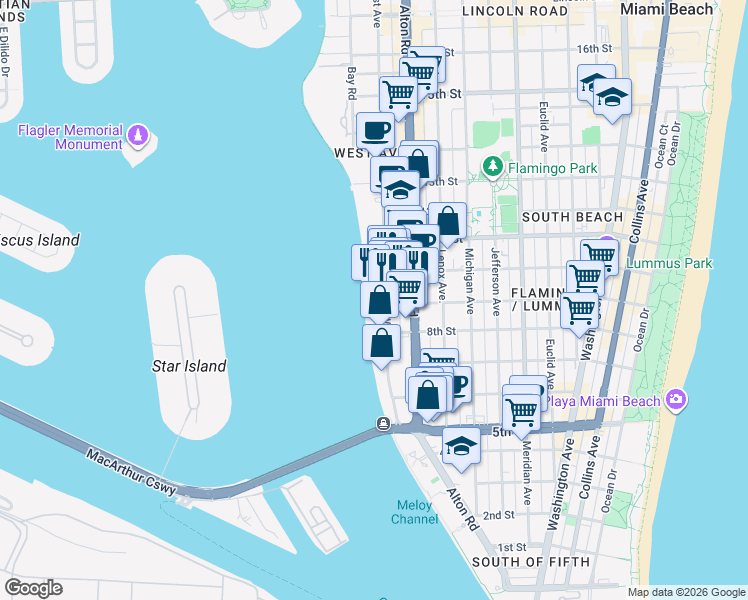map of restaurants, bars, coffee shops, grocery stores, and more near in Miami Beach