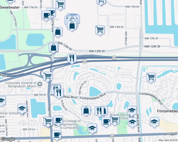 map of restaurants, bars, coffee shops, grocery stores, and more near 10255 Northwest 9th Street Circle in Miami