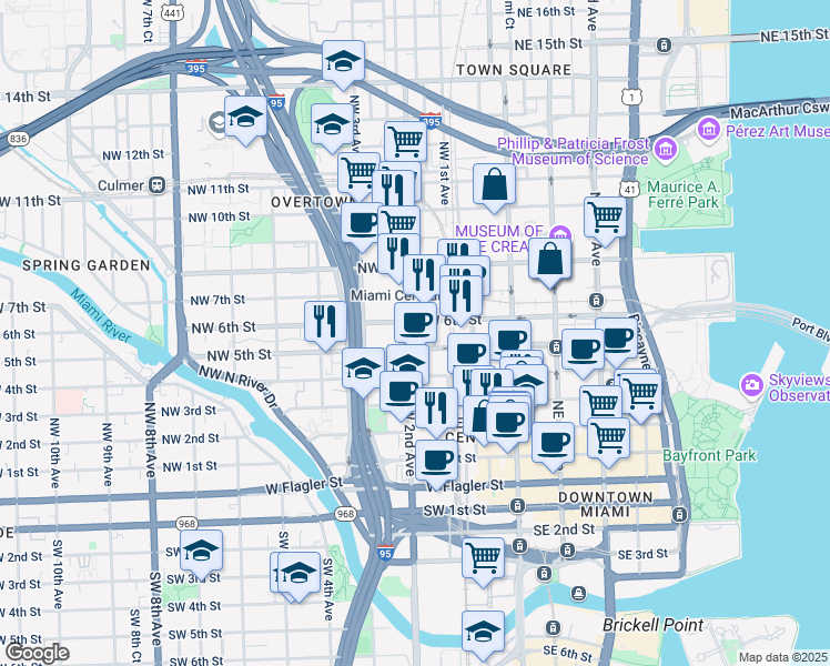 map of restaurants, bars, coffee shops, grocery stores, and more near 151-161 Northwest 5th Street in Miami