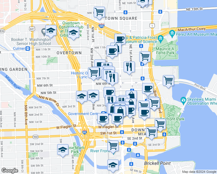 map of restaurants, bars, coffee shops, grocery stores, and more near 535 NW 1st Ave in Miami