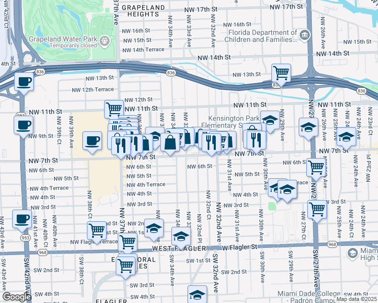 map of restaurants, bars, coffee shops, grocery stores, and more near 3299 Northwest 7th Street in Miami