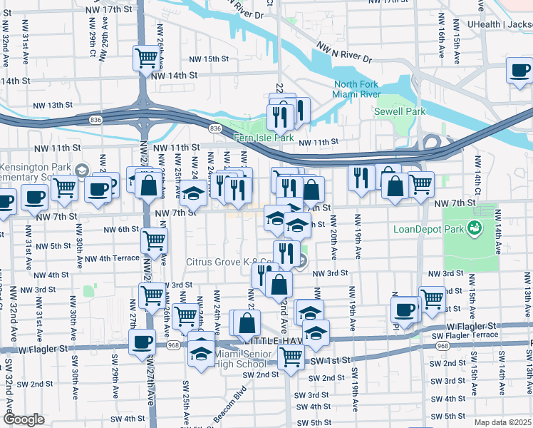 map of restaurants, bars, coffee shops, grocery stores, and more near 2237 Northwest 6 Street in Miami