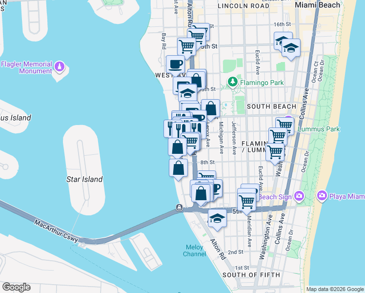map of restaurants, bars, coffee shops, grocery stores, and more near 959 West Avenue in Miami Beach