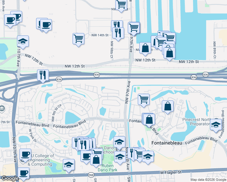 map of restaurants, bars, coffee shops, grocery stores, and more near 9730 Northwest 10th Street in Miami