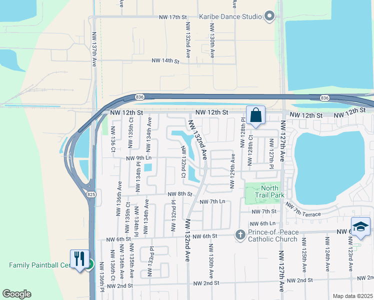 map of restaurants, bars, coffee shops, grocery stores, and more near 901 Northwest 132nd Court in Miami