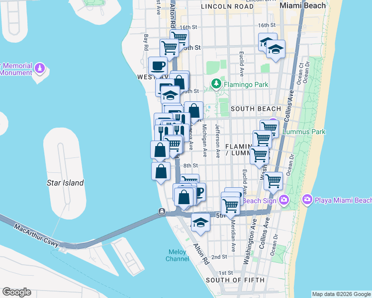 map of restaurants, bars, coffee shops, grocery stores, and more near 835 Alton Road in Miami Beach