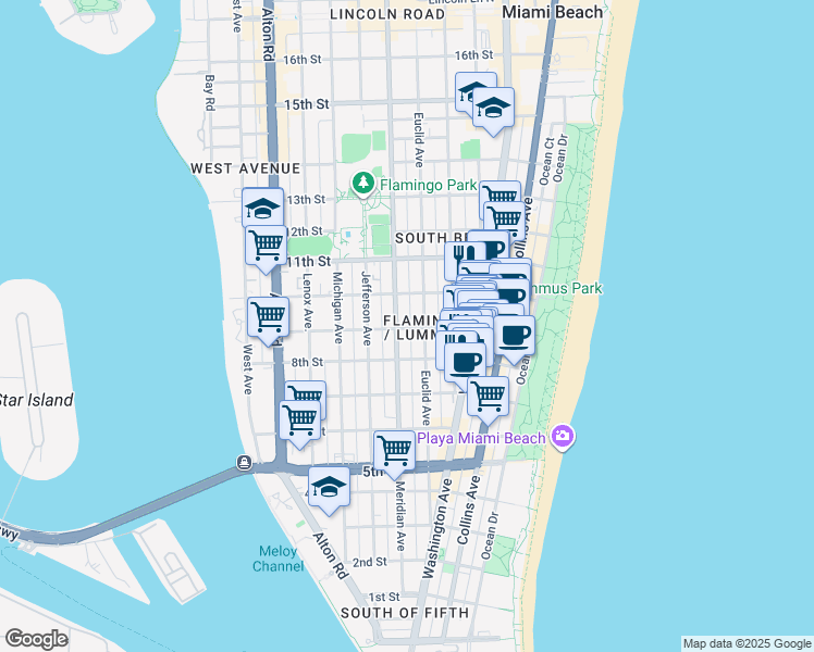 map of restaurants, bars, coffee shops, grocery stores, and more near in Miami Beach