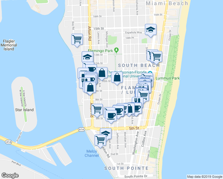 map of restaurants, bars, coffee shops, grocery stores, and more near 840 Jefferson Avenue in Miami Beach