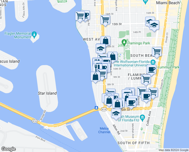 map of restaurants, bars, coffee shops, grocery stores, and more near 899 West Avenue in Miami Beach