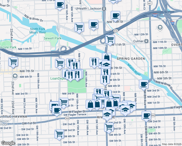 map of restaurants, bars, coffee shops, grocery stores, and more near 1318 Northwest 6 Street in Miami