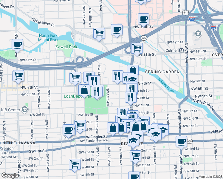map of restaurants, bars, coffee shops, grocery stores, and more near 1318 Northwest 6 Street in Miami
