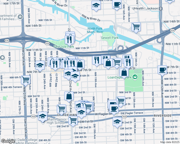 map of restaurants, bars, coffee shops, grocery stores, and more near 1937 Northwest 6 Street in Miami
