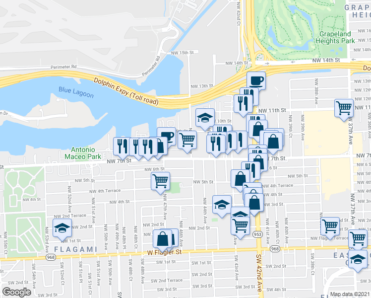 map of restaurants, bars, coffee shops, grocery stores, and more near in Miami