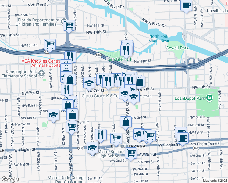 map of restaurants, bars, coffee shops, grocery stores, and more near 611 Northwest 23rd Court in Miami