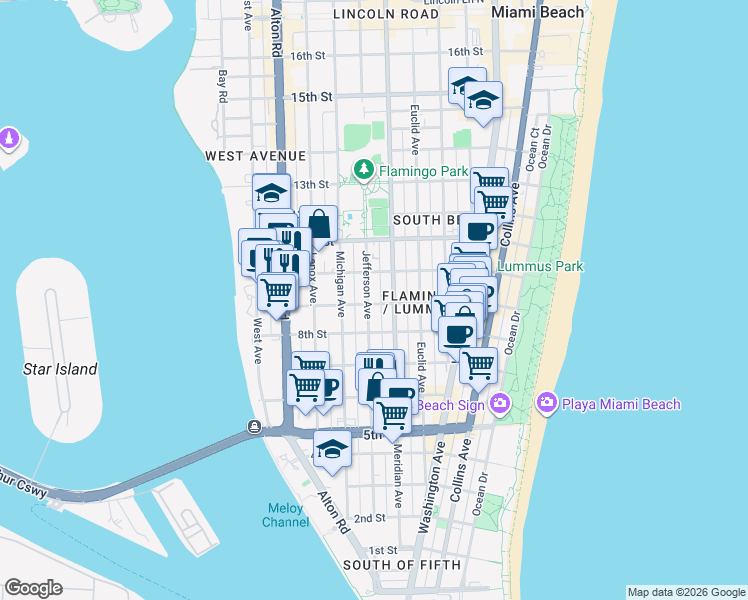 map of restaurants, bars, coffee shops, grocery stores, and more near 840 Jefferson Avenue in Miami Beach