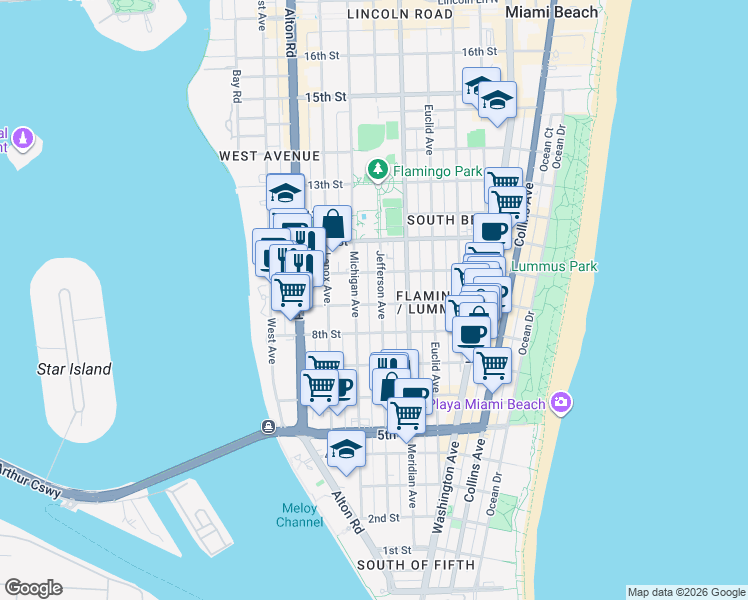 map of restaurants, bars, coffee shops, grocery stores, and more near 840 Jefferson Avenue in Miami Beach