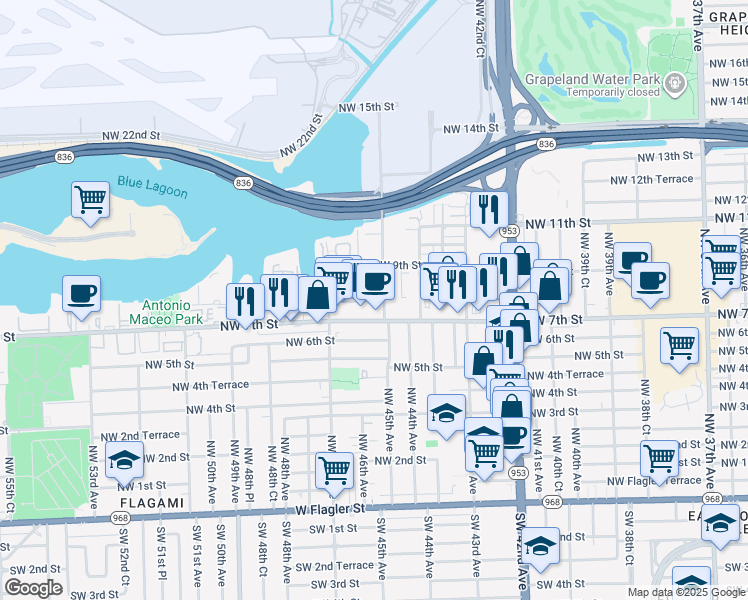map of restaurants, bars, coffee shops, grocery stores, and more near in Miami