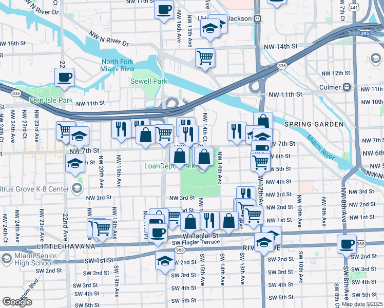 map of restaurants, bars, coffee shops, grocery stores, and more near 501 Marlins Way in Miami