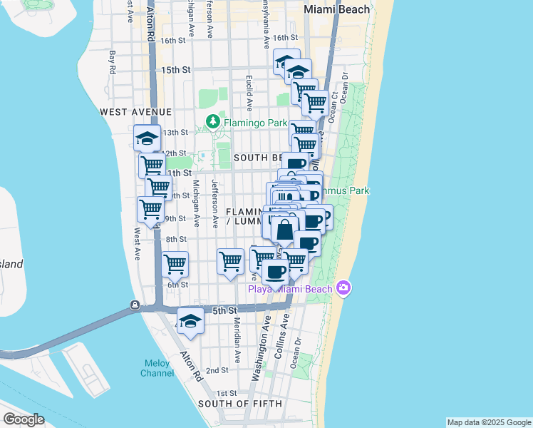 map of restaurants, bars, coffee shops, grocery stores, and more near in Miami Beach