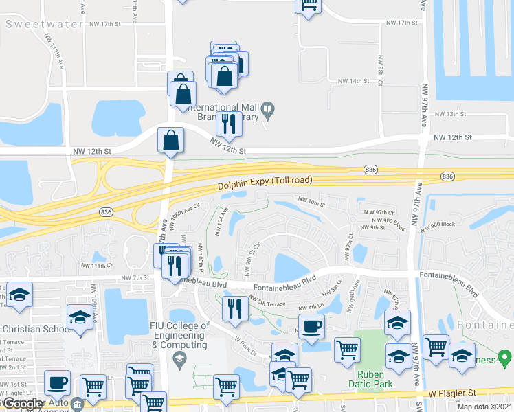 map of restaurants, bars, coffee shops, grocery stores, and more near 10270 Northwest 10th Street in Miami