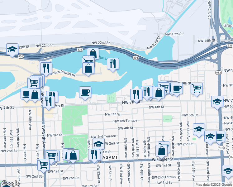 map of restaurants, bars, coffee shops, grocery stores, and more near 5135 Northwest 7th Street in Miami